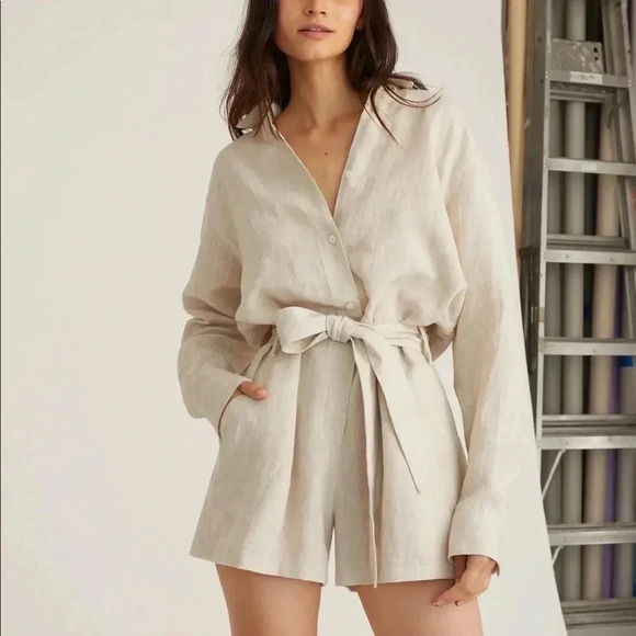 Marissa Webb Pants - MARISSA WEBB NWT Rowan Linen Button Down Romper Tie Waist Flax Beige 4